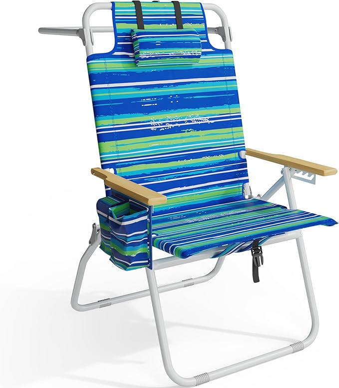 Tall Beach Chairs for Adults, 17" High Backpack Beach Chair with Wooden Armrests, 5 Positions Reclining Heavy Duty Chair w...