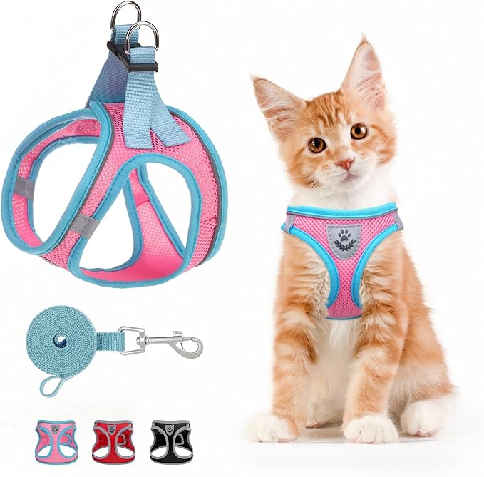 SCENEREAL Cat Harness and Leash Set Escape Proof, Adjustable Soft Air Mesh Kitten Harnesses for Girls Boys Small Medium Bi...