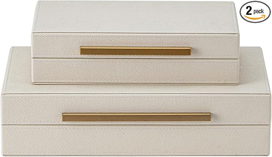 XIGEXIGE Faux Leather Large Modern Stackable Nesting Jewelry Box with Lids Organizer – Set of 2 Beige Shagreen Decorative ...