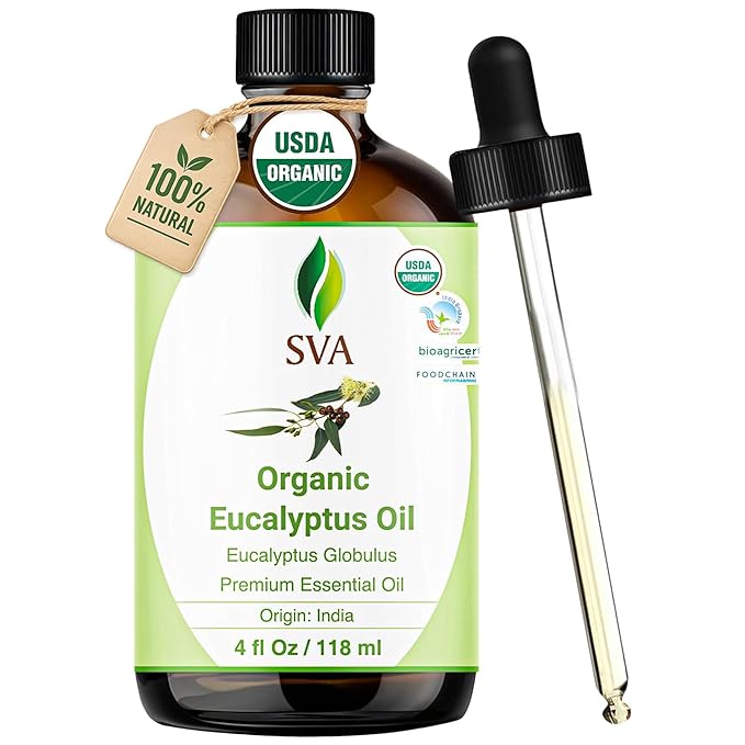 SVA Eucalyptus Essential Oil Organic – 4 Fl Oz – 100% Natural Organic Eucalyptus Oil - for Diffuser, Hair, Face, Skin Car...