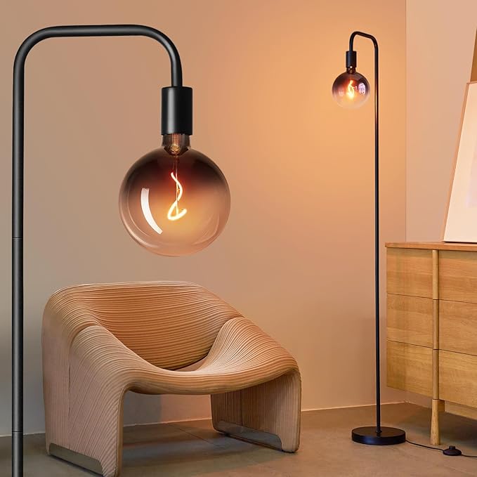 ONEWISH Floor Lamp for Living Room - Minimalist Industrial Standing Lamp with Modern LED Bulb, Globe Black Clear Glass 6",...