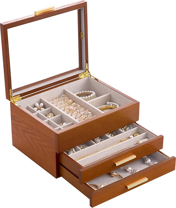 Lolalet Jewelry Box, Clear Window Wood Grain Jewelry Storage for Earrings Bracelets Necklaces Rings, High Capacity Organiz...