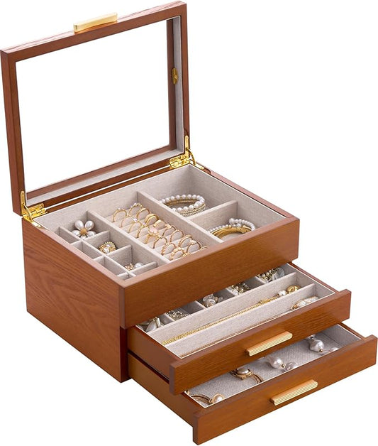 Lolalet Jewelry Box, Clear Window Wood Grain Jewelry Storage for Earrings Bracelets Necklaces Rings, High Capacity Organiz...