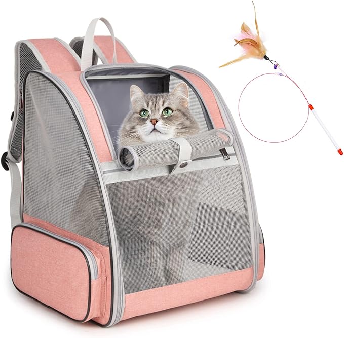 Cat Backpack Carrier, Large Pet Backpack with Kitten Wand Feather Toy for Medium Small Dog Cat Puppy Kitty Bunny up to 15l...