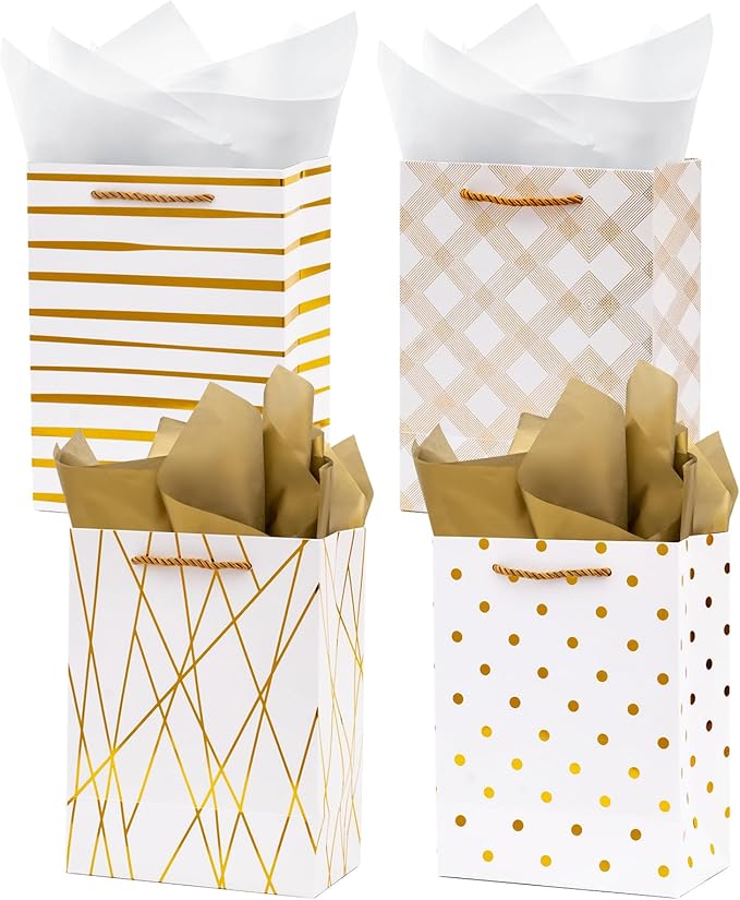 Nihuecne 9" Gift Bags Medium Size with Tissue Paper, 4 Pack White Gold Wrap Paper Gift Bags with Handles for Shopping Part...