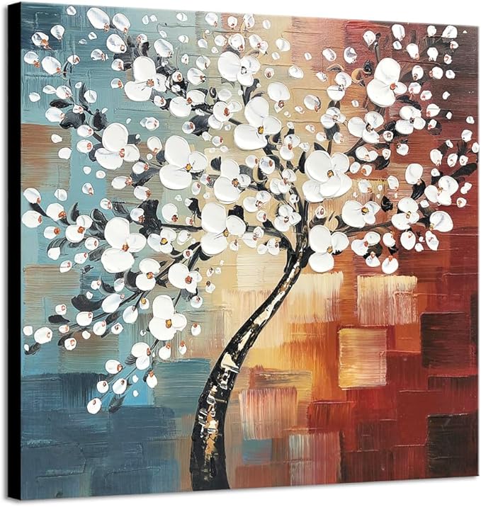 Wieco Art Morning Glory Modern Abstract White Flowers Oil Paintings on Canvas Wall Art 100% Hand Painted Floral Artwork fo...