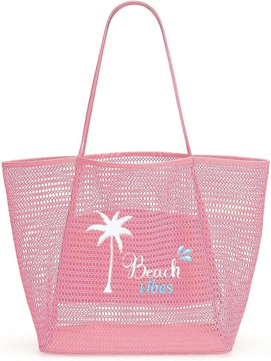 ukia Mesh Beach Tote, Large Capacity Beach Bags for Women Foldable Beach Tote Bag with Zipper Pocket