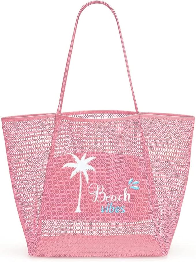 ukia Mesh Beach Tote, Large Capacity Beach Bags for Women Foldable Beach Tote Bag with Zipper Pocket