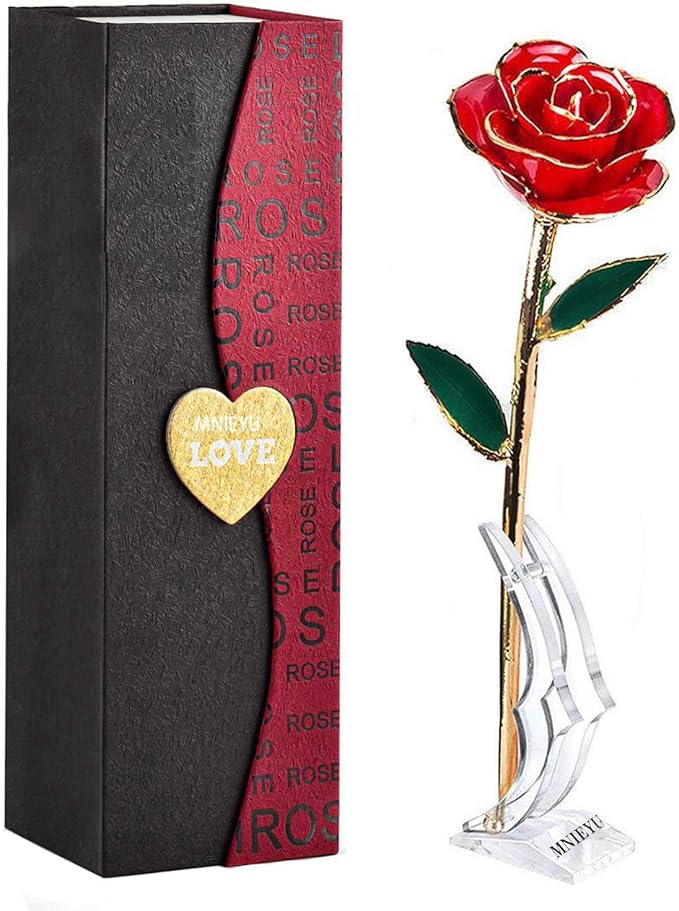 MNIEYU Gold Rose 24K Plated Gold Dipped Rose, Forever Preserved Red Rose Flowers with Stand,Romantic Gift for Valentine's ...