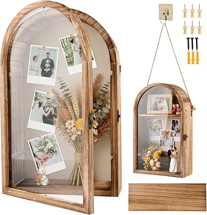 10x16 Shadow Box Frame, Large Shadow Boxes Display Cases with Linen Back and Removable Shelves, Arch Brown Wooden Memory B...