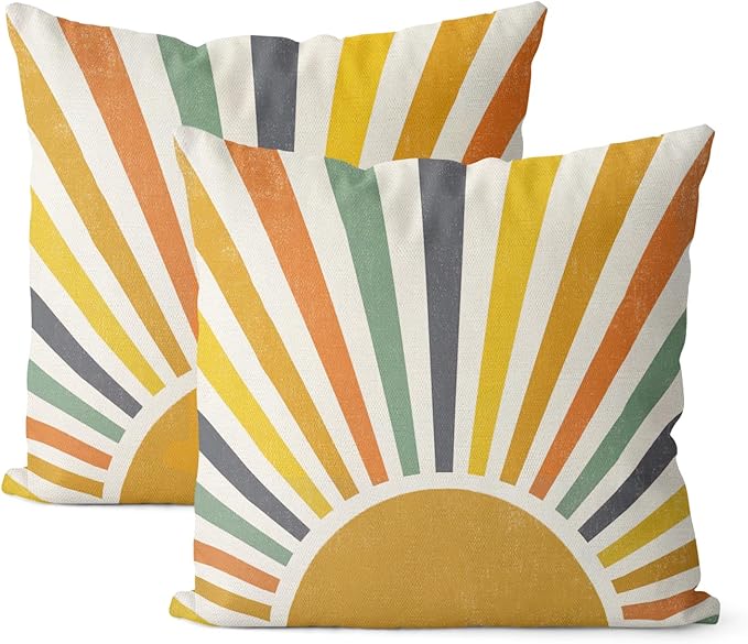 GOLIANDA Boho Pillow Covers 18x18 Set of 2 Stripes Colorful Yellow Sunshine Decorative Pillow Cases Summer Rainbow Sun Out...