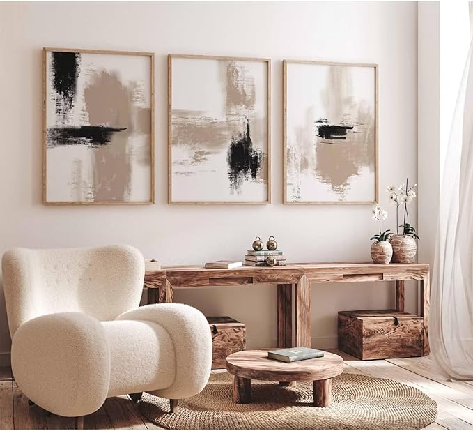 Joocrise Beige Abstract Wall Art Painting Set of 3 Neutral Canvas Wall Art Prints Black Beige Modern Wall Decor Minimalist...