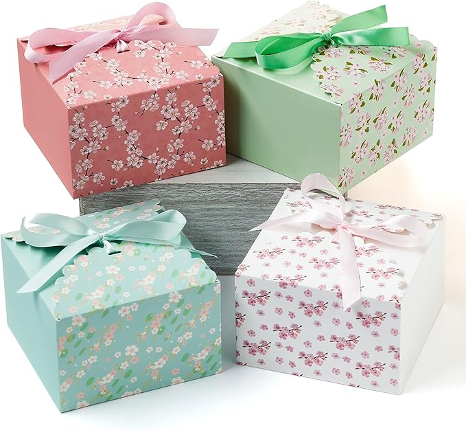 Small Floral Gift Boxes with Lids & Ribbons (20 Pack) 5.8” x 3.7” Empty Decorative Bakery Treat Boxes for Gift Giving, Coo...