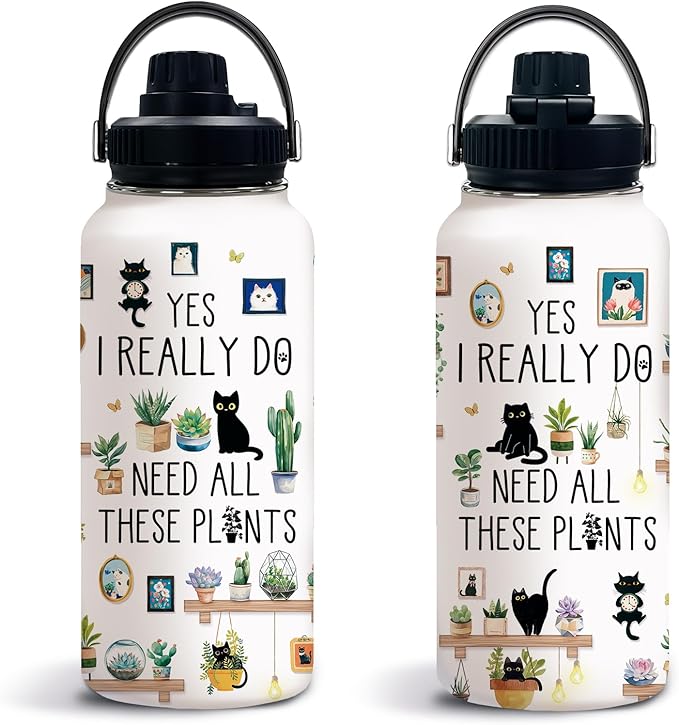 Uibunoo Gardening Gifts for Women, Plants Cat Water Bottle with Lid 32oz, Garden Gift for Plant Lovers Gardeners Lady Wome...