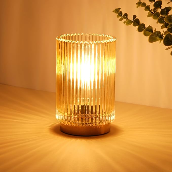 Mirasium Battery Operated Lamp, Cordless Table Lamp with Timer, Desk Bedside Lamps with LED Warm Light, Glass Small Table ...