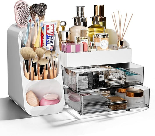 Makeup Organizer with Drawers for Vanity Bathroom Counter Organizers and Storage, Large Skincare Organizer with Brush Toot...