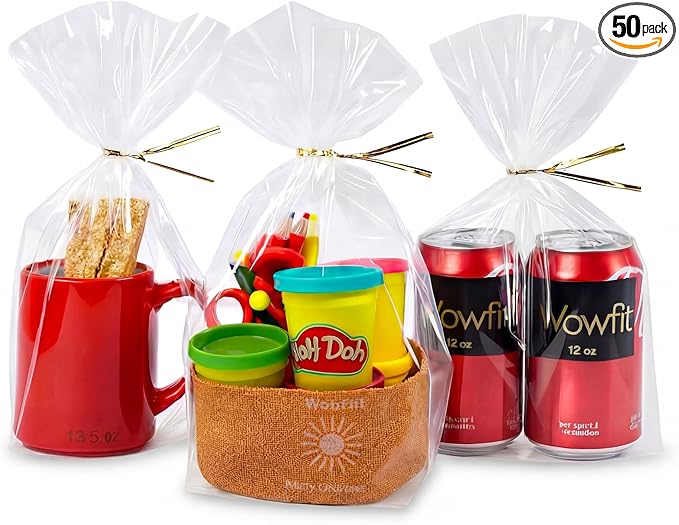 Wowfit 50 CT 8x12 Inch Clear Flat Cellophane Treat Bags with 6” Gold Twist Ties, Cello Packaging for Mugs, Dessert, Muffin...