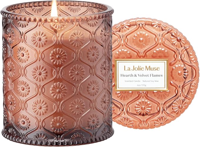 LA JOLIE MUSE Hearth & Velvet Flames Candle - Saffron, Clove, Vanilla | 6 oz Natural Soy Wax | 40 Hours Clean Burn | Elega...