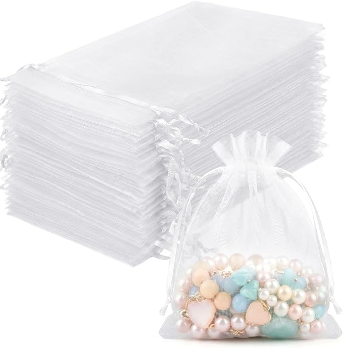 FUNFERY 100 Pcs White Organza Bags 3x4 in, Small Mesh Drawstring Gift Bags for Sachet, Jewelry, Wedding Favor, Candy Goodi...