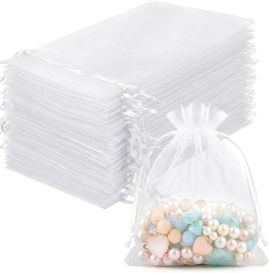 FUNFERY 100 Pcs White Organza Bags 3x4 in, Small Mesh Drawstring Gift Bags for Sachet, Jewelry, Wedding Favor, Candy Goodi...