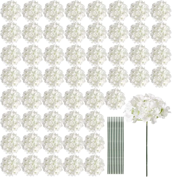 Auihiay 64 PCS Artificial Hydrangea Flowers, Silk Hydrangea Full Flowers Heads with Stems for Wedding Centerpieces, Home, ...