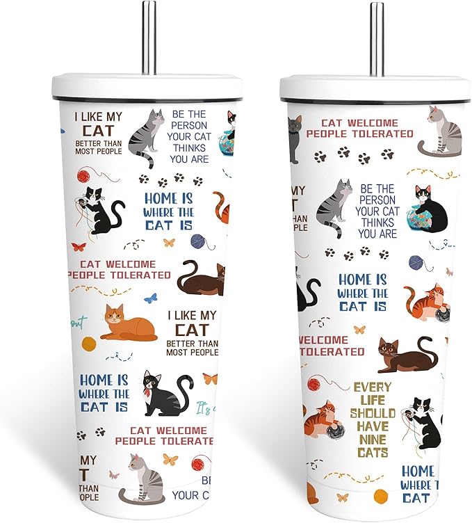 FAIVHSO Cat Gifts for Women, 24 oz Insulated Tumbler with Lid and Straw, Stainless Steel Water Bottle, Coffee Cups Travel ...