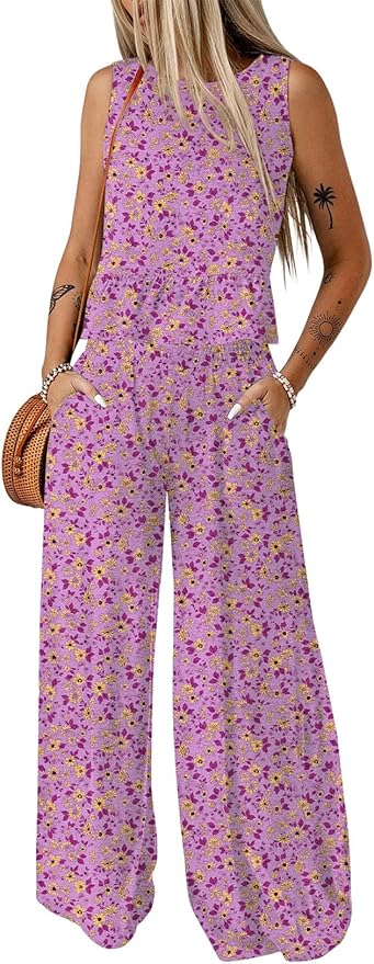 Dokotoo Pants Sets Women 2 Piece Outfits Sleeveless Round Neck Tank Tops Matching Sets for Women Elastic Waist Wide Leg