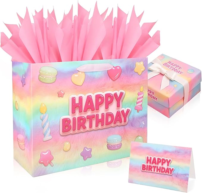 Vodolo 13” Happy Birthday Gift Bags with Tissue Paper Wrapping Paper and Card,Pink Gift Wrap Bags with handles for Women,G...