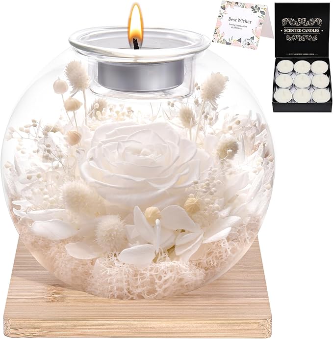 NERCHVO Preserved Rose in Glass Dome with Scented Candles, Romantic Gift for Women, Birthday for Girlfriend, Wife, Mom