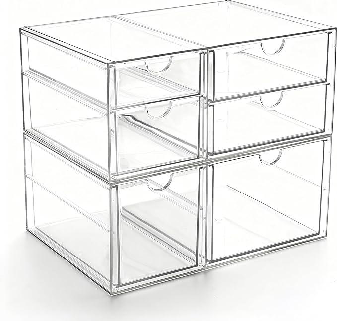 Prsildan Acrylic Drawer Makeup Organizer with 6 Drawers (Not for Baby Bottle), Set of 2 Office Desk Organizers Accessorie...