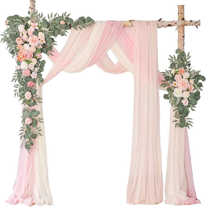 WEIERYUE Deluxe Pink Artificial Wedding Arch Flowers with Drapes Kit-Pack of 5, 2pcs Flower Arrangements 3pcs Hanging Shee...