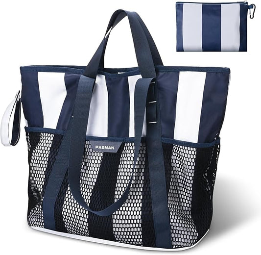 PASMAN Large Beach Bag with Zipper-8 Pockets Sandproof Beach Tote Bag for Women,Foldable Lightweight Family Swim Bag Vacation