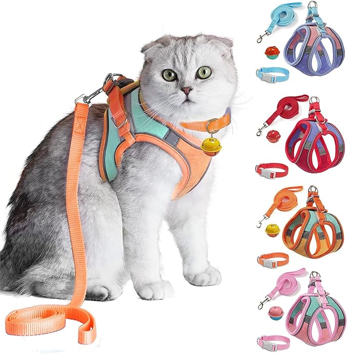 JSXD Cat Harness,Leash and Collar Set,Escape Proof Kitten Vest Harness for Walking,Easy Control Night Safe Pet Harness wit...