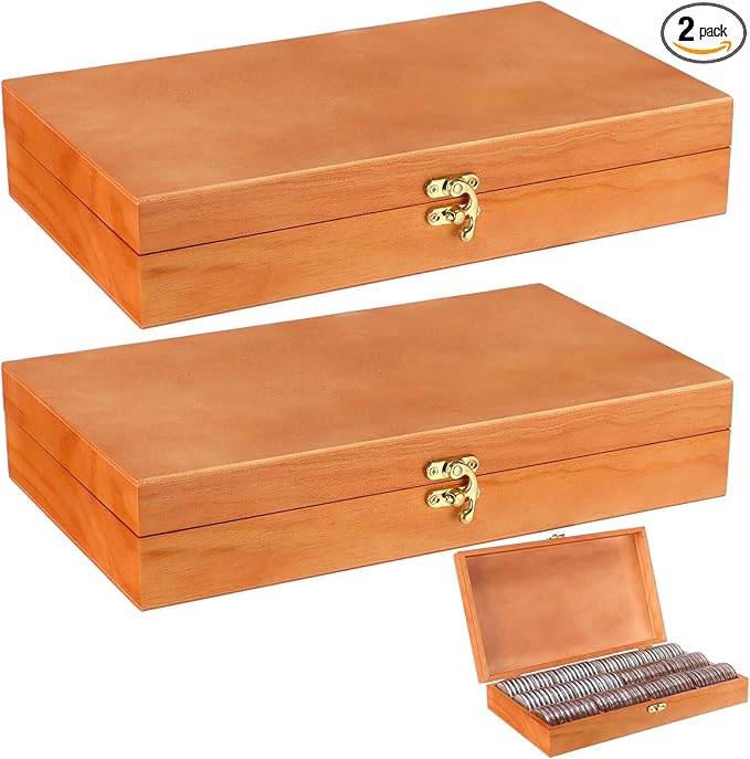 Sliner 2 Pack Wooden Coin Collection Storage Box Solid Wood Coin Holder Slabs Storage Cases Set Keepsake Organizer Boxes f...