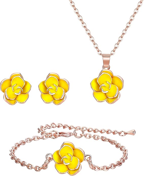 EleQueen Rose Flower Necklace Earrings Bracelet Set 14K Gold Plated Hypoallergenic Jewelry Sets Gift for Women