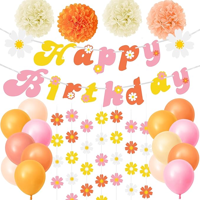 24 PCS Groovy Party Decorations Boho Happy Birthday Banners with Flower Hanging Flags Balloons Paper Flowers for Birthday ...