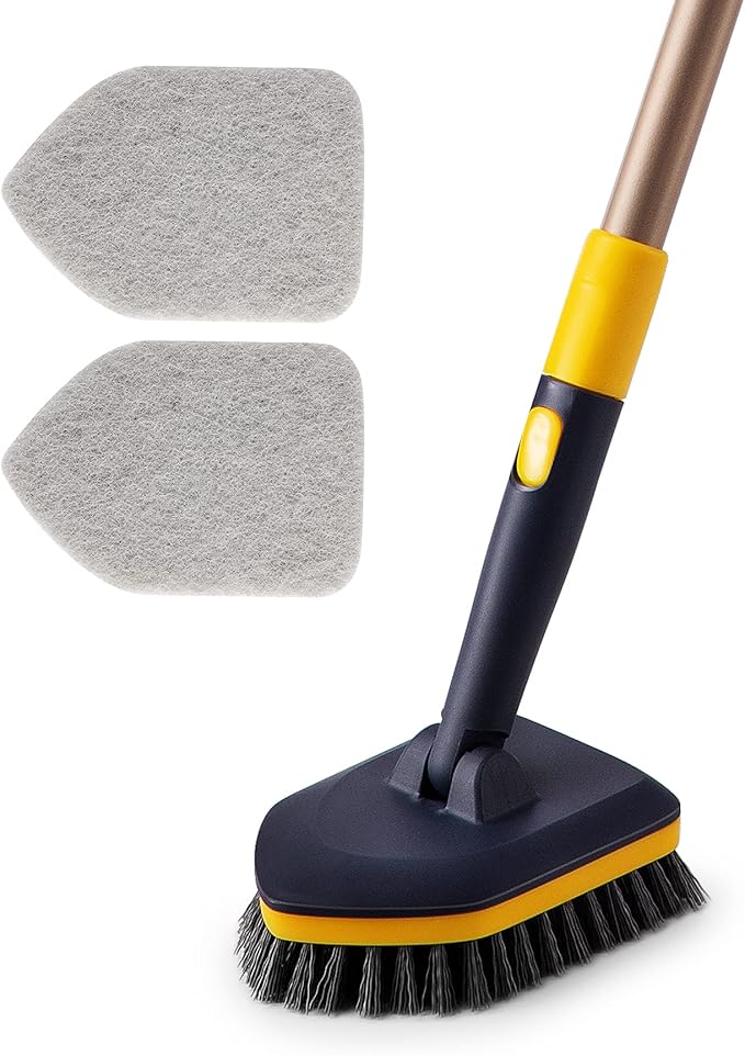 Yocada Tub Tile Scrubber Brush 2 in 1 Cleaning Brush 58.2 Inch Adjustable Telescopic Pole Stiff Bristles Scouring Pads for...