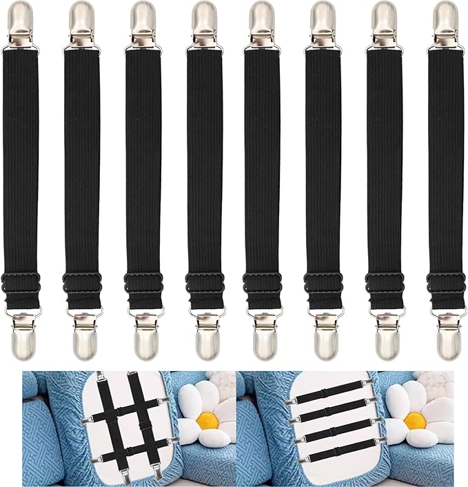 Sofa Cover Holder Straps Suspenders, Sofa Couch Covers Clip Fasteners, Adjustable Elastic Straps for Sofa Seat Recliner Sl...