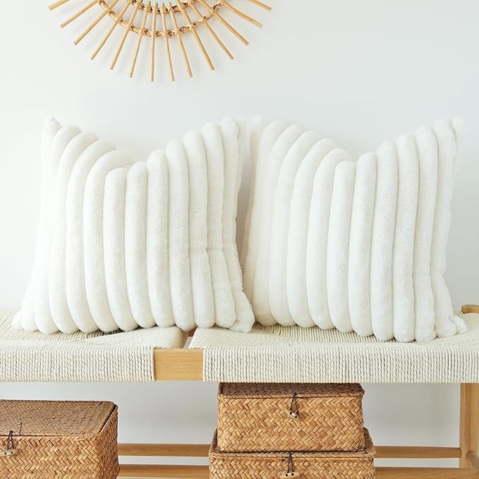 JOJUSIS Pack of 2 Faux Fur Plush Decorative Throw Pillow Covers Couch Cushion Case Soft Pillowcases (White, 18 x 18-Inch)