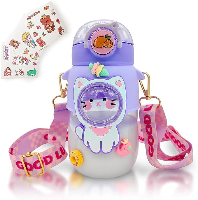 Kawaii Water Bottle Cute Water Bottles for Girls, Kawaii Water Bottle with Straw and Adjustable Strap, Portable Leakproof ...