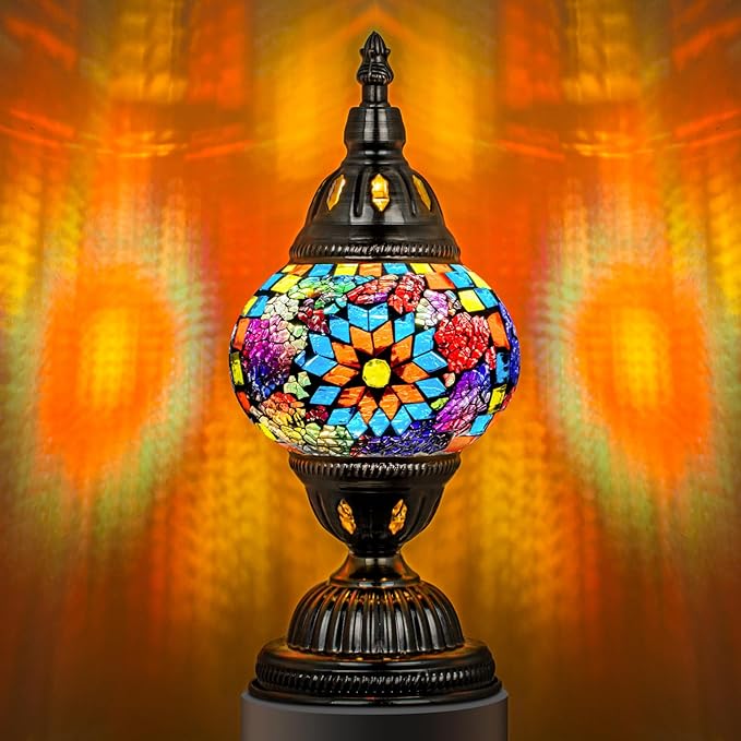 Marrakech Turkish Table Lamp with Bronze Base，Handmade Colorful Moroccan Tiffany Style Mosaic Glass Night Stand Light Fixt...
