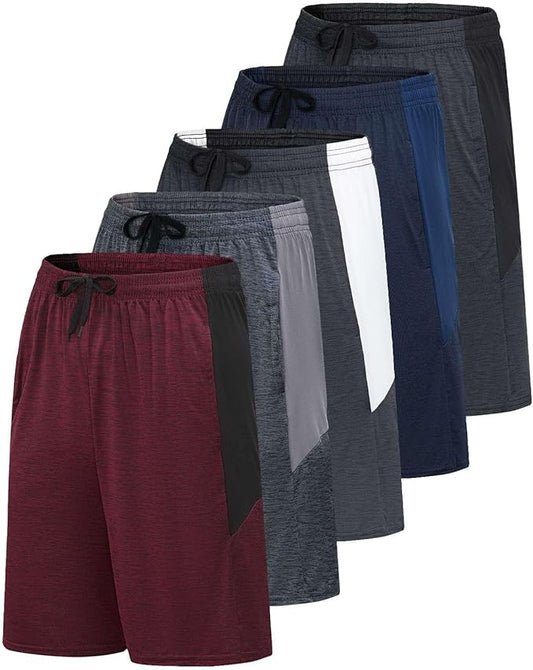 Real Essentials Men’s 5 Pack: 9" Dry-Fit Shorts – Athletic Gym, Workout, Basketball, Running, Casual Lounge Active Pockets