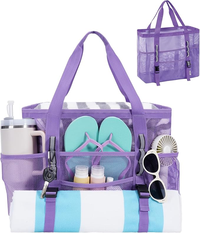 WANDF Mesh Beach Bag for Women, Large Beach Tote Bags with 40oz Tumbler Side Pockets, Family Pool Bag for Swim Toys Towels...