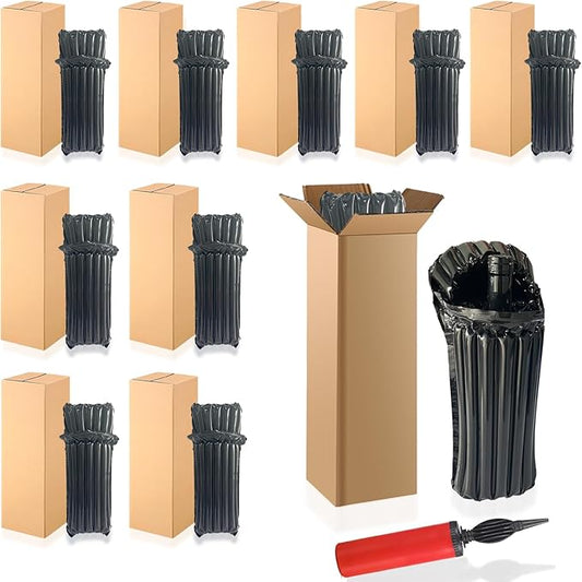 10 Wine Shipping Box Sets,Include 10 Wine Boxes for Shipping and 10 Bottle Protector Bags with 1 Reusable Air Pump,Inflata...