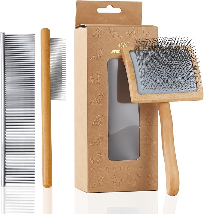 Werduoland Ergonomic Slicker Brush for Long-Haired Dogs - Wooden Handle, Long Pins for Grooming Goldendoodles
