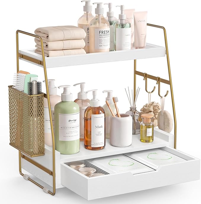 ROPALINS 2-Tier Bathroom Counter Organizer with Drawer & Removable Basket, Wood & Metal Vanity Organizer for Skincare, Mak...