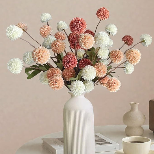 10 Pcs Fake Flowers, Artificial Mums With Long Stems, Faux Pompon Mums Floral Arrangement, 3 Mixed Colors Plastic Flowers ...