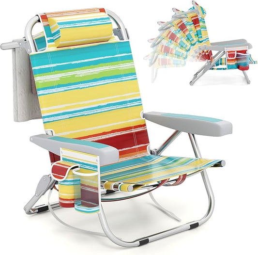 Giantex Backpack Beach Chair, Foldable Camping Chair with 5 Adjustable Position, Cup Holder, Storage Pockets, Straps, Towe...
