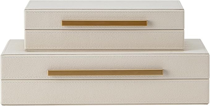 Set of 2 Beige Shagreen Decorative Storage Boxes with Gold Metal Handles – Faux Leather Jewelry & Memory Boxes, Nesting Ph...