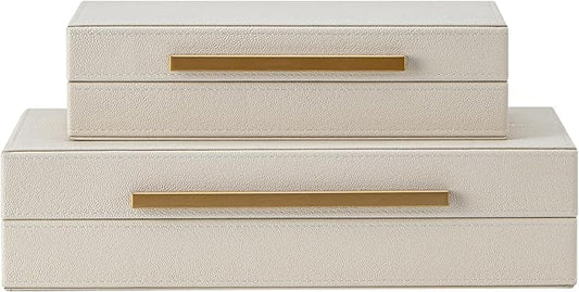 Set of 2 Beige Shagreen Decorative Storage Boxes with Gold Metal Handles – Faux Leather Jewelry & Memory Boxes, Nesting Ph...